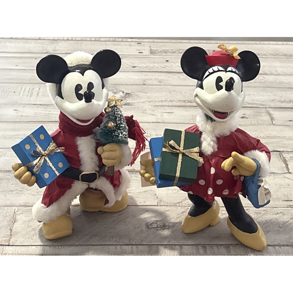 Mickey & Co VTG Fabric Mache Figurines 8" Christmas Santa Mickey &‎ Minnie Mouse